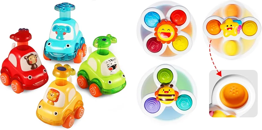 ALASOU 4 PCS Animal Car Toys and 3 PCS Suction Cup Spinner Toys for Infant and Toddlers