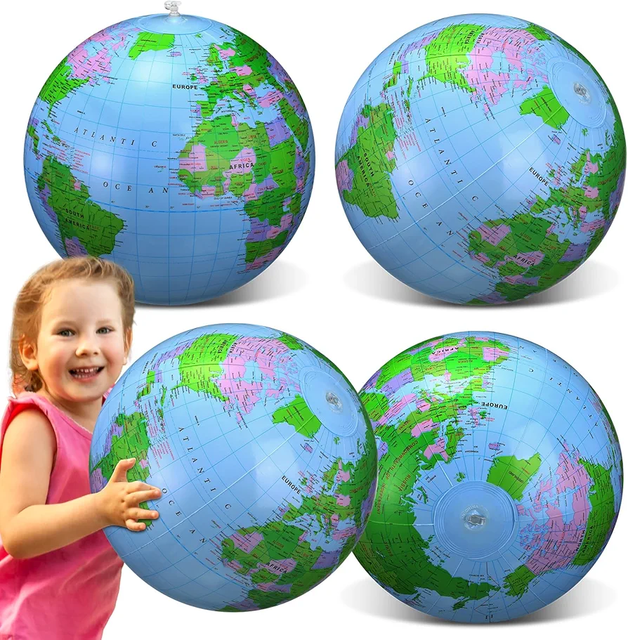 Pangda 4 Pcs 24 Inches Inflatable Globe Giant Blow up PVC World Globe Beach Ball Swimming Pool Toys for School Classroom Geography Playing Teaching Party Favors Decorations, main light blue