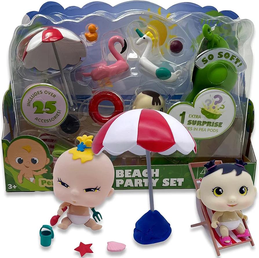 Playful Minds Pea Pod Babies - Beach Party Set - Over 30 Pieces Including Two Mini Collectible Dolls - Easter Basket Gift Set