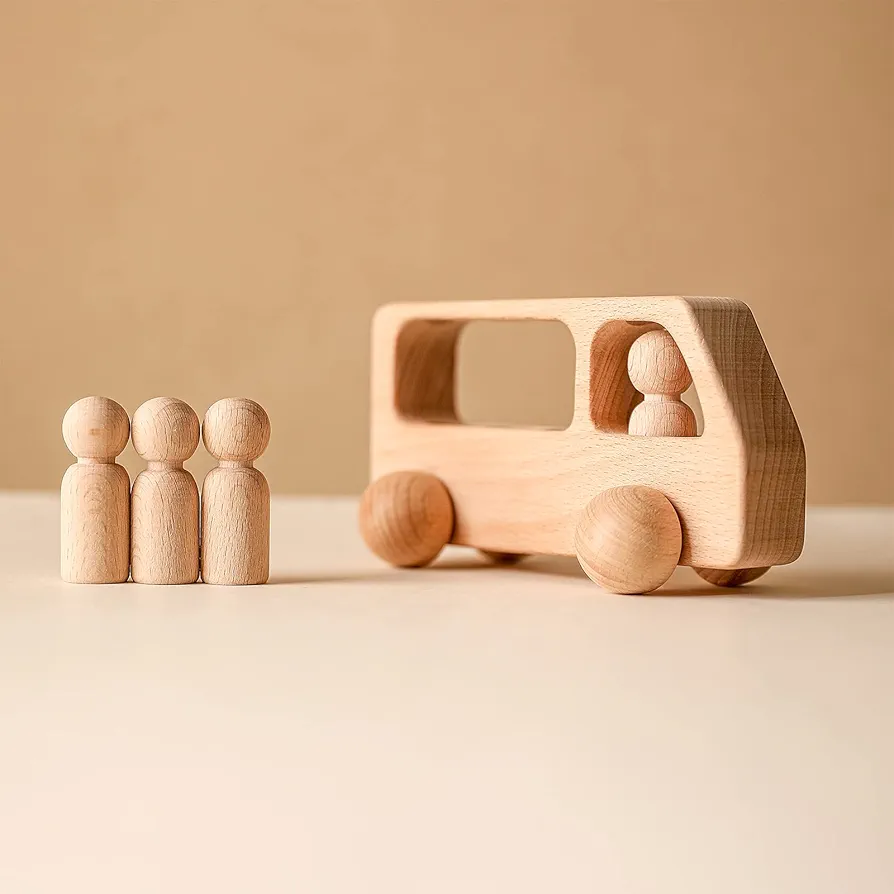 4 Wooden Figures in The Bus - Peg Dolls Unfinished Wooden Peg People Cars Wooden Figures Shape Preschool Learning Educational Toys Montessori Toys for Toddlers