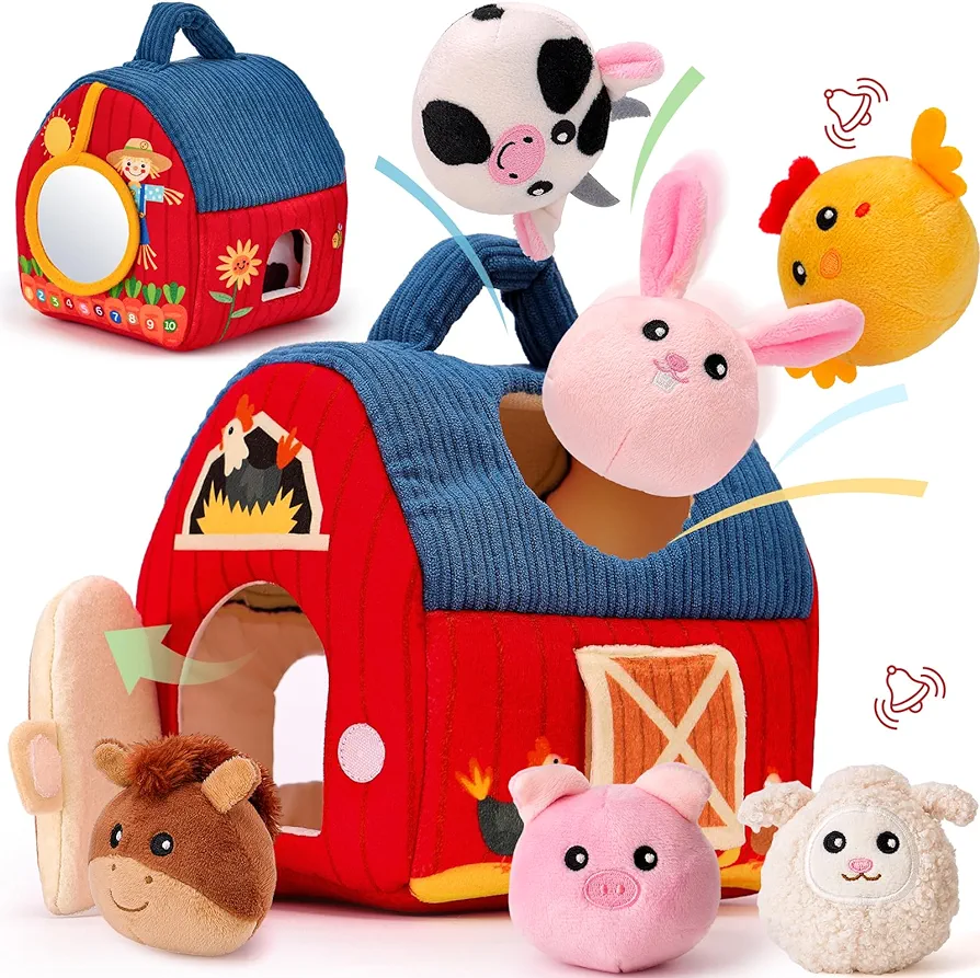 hahaland Baby Toys 6-12 Months - Surprise Barn with Stuffed Farm Animals, Rattle, Crinkle Paper, Mirror - Busy Montessori Toys for Babies, Sensory Toys for Toddlers 1-3