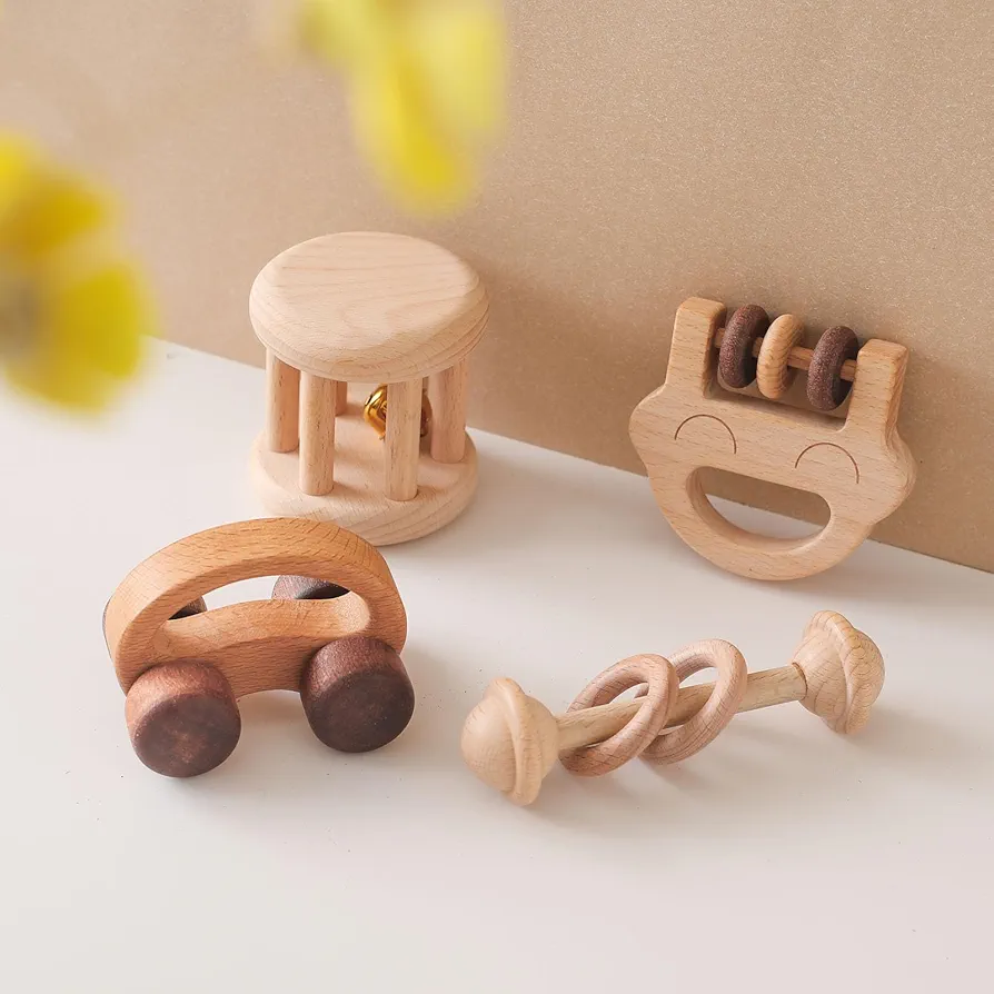 Wooden Baby Rattle Set, Newborn Wooden Rattle Toy, Natural Wooden Montessori Baby Grip Toy, Baby Gift Toy, Wood Rattle Set-2