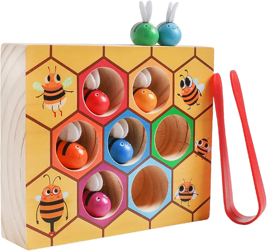 Skrtuan Toddler Fine Motor Skill Toy, Clamp Bee to Hive Matching Game, Montessori Wooden Bee Hive Toys, Wood Color Sorting Puzzle Early Learning Preschool Educational Gift for 2 3 4 Years Old Kids