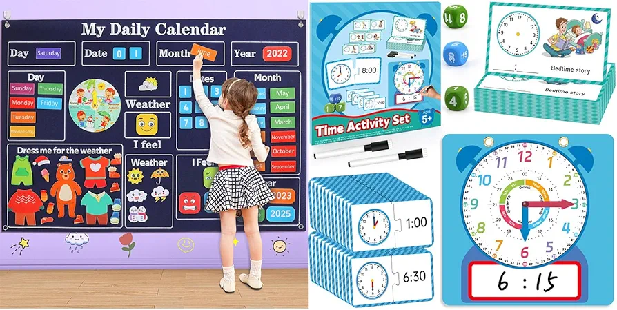 Preschool Classroom Must Haves-My First Daily Calendar, Magnetic Learning Clock for Kids, Telling Time Teaching Clock for Kids