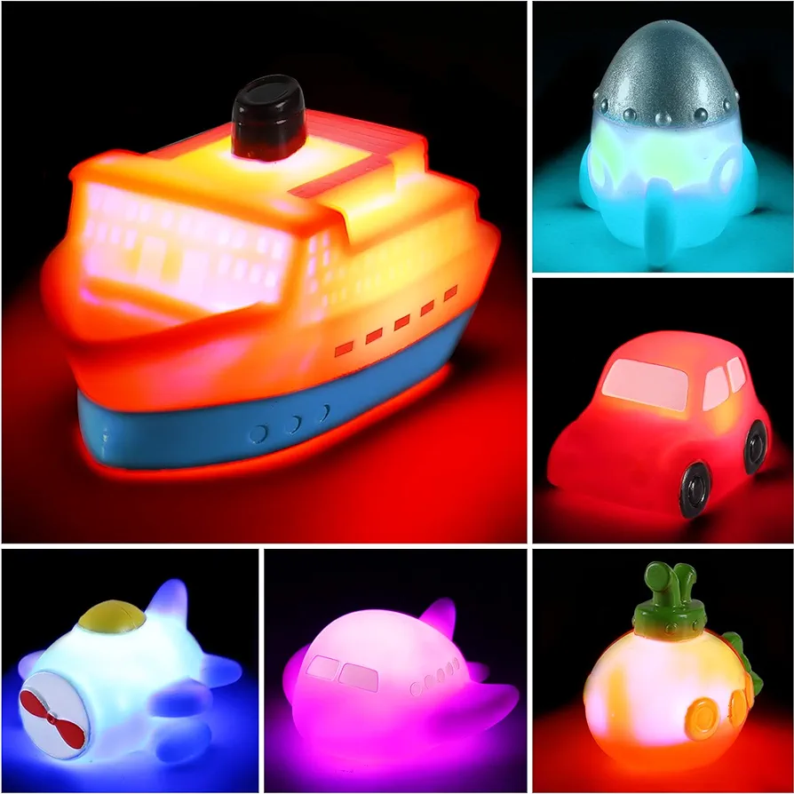 6 packs No Hole Boat Bath Toy Set, Light up Changing Color in Water, Floating Rubber Bathtub Toys for Baby Toddler Infant Boy Girl Kid Play, Led Growing Pal in Shower Bathroom Tub or swimming pool