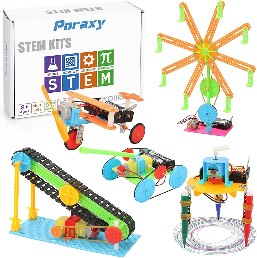 Poraxy 5 Set STEM Science Kits for Kids Age 8-12, DC Motors Electronic Assembly Robotic STEM Toys for Age s 8-13, Building Experiments Projects Kits, Gifts for Boys and Girls Ages 6 7 8 9 10 11 12 13