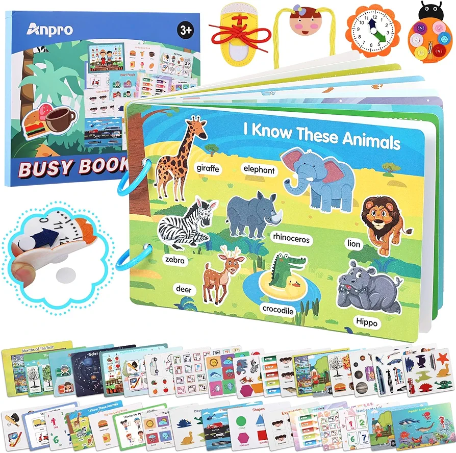 Anpro Montessori Busy Book with Felt Toys, Preschool Learning Activities with 20 Themes Learning & Coloring Books, 4 Felt Toys, Airplane Car Travel Toy Birthday Gift for Boys Girls