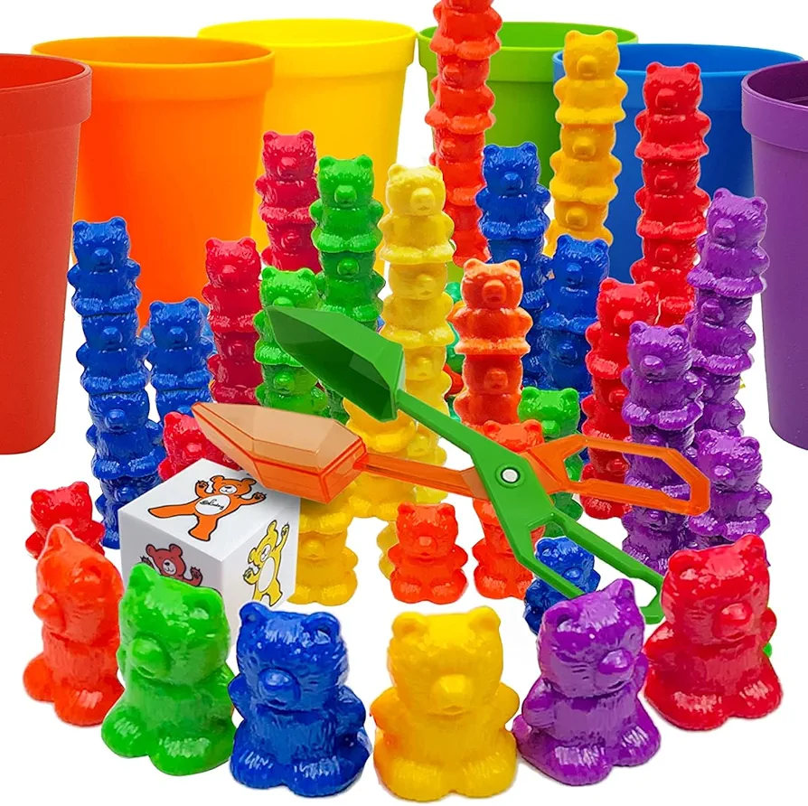 Skoolzy Rainbow Stacking Bears with Matching Sorting Cups 69 Piece Set, 60 Bear counters, Scissor Tongs, Rainbow Cups, Storage Bag, Sorting dice Game