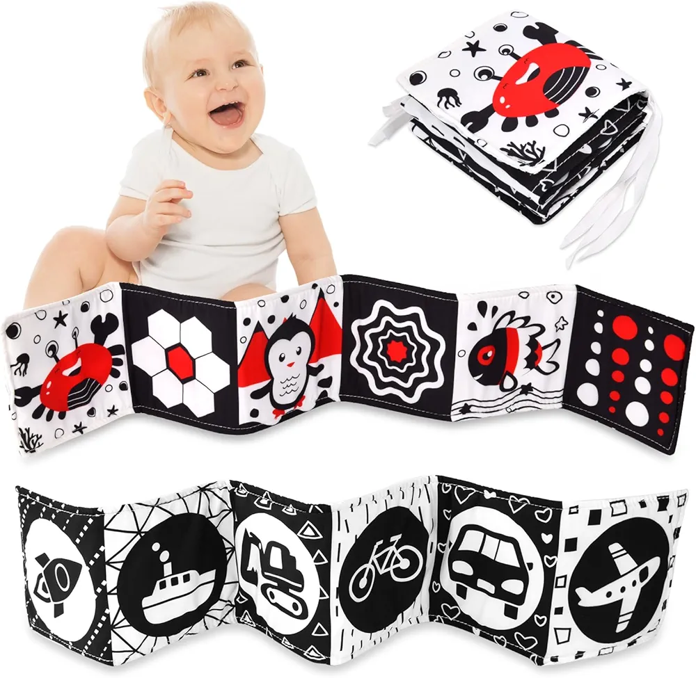 Vicloon Black and White Baby Toys, High Contrast Baby Book for Newborn 0-3 3-6 Months, Infant Tummy Time Toys, Early Education Sensory Toys, Visual Stimulation Folding Cloth Book for Boys Girls