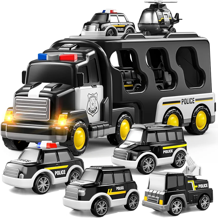 TEMI Police Truck Toys for Toddler 3 4 5 6 Years Old Boys - 5-in-1 Friction Power Emergency Vehicle, Police Car Toy for Toddlers 1-3, Carrier Truck Toys for Kids 3-5, for Girl Age 3-9