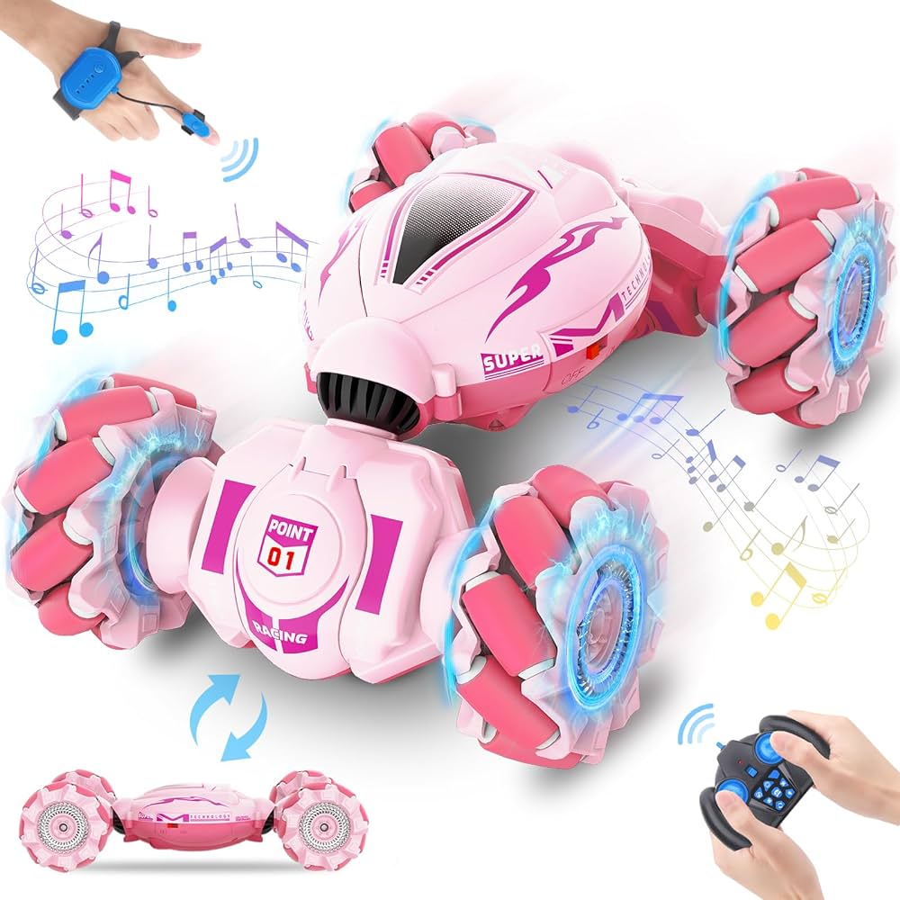 Pink RC Car Toys for Girls Aged 6-12, Gesture Sensing RC Stunt Car with Lights Music for Girls Birthday Xmas Gifts, 2.4GHz 4WD Pink Remote Control Car Double-Side Flip 360° All-Round Rotation