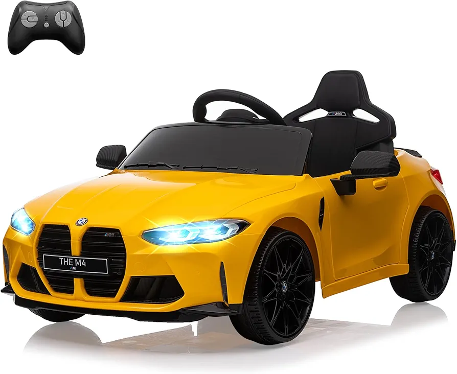 Licensed by BMW M4 12V Ride On Toy Car for Kids with Remote Control,Battery Powered Electric Vehicle Toy，3 Speed, with LED Light, MP3 for boys and girls (Yellow)