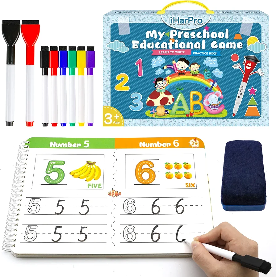 Handwriting Practice Book for kids, Toddlers Preschool Learning Activity 40 Pages Autism Educational Montessori Toys Learn Number Letters Shapes Animal & Sight Words Workbook with 8 Dry Erase Markers