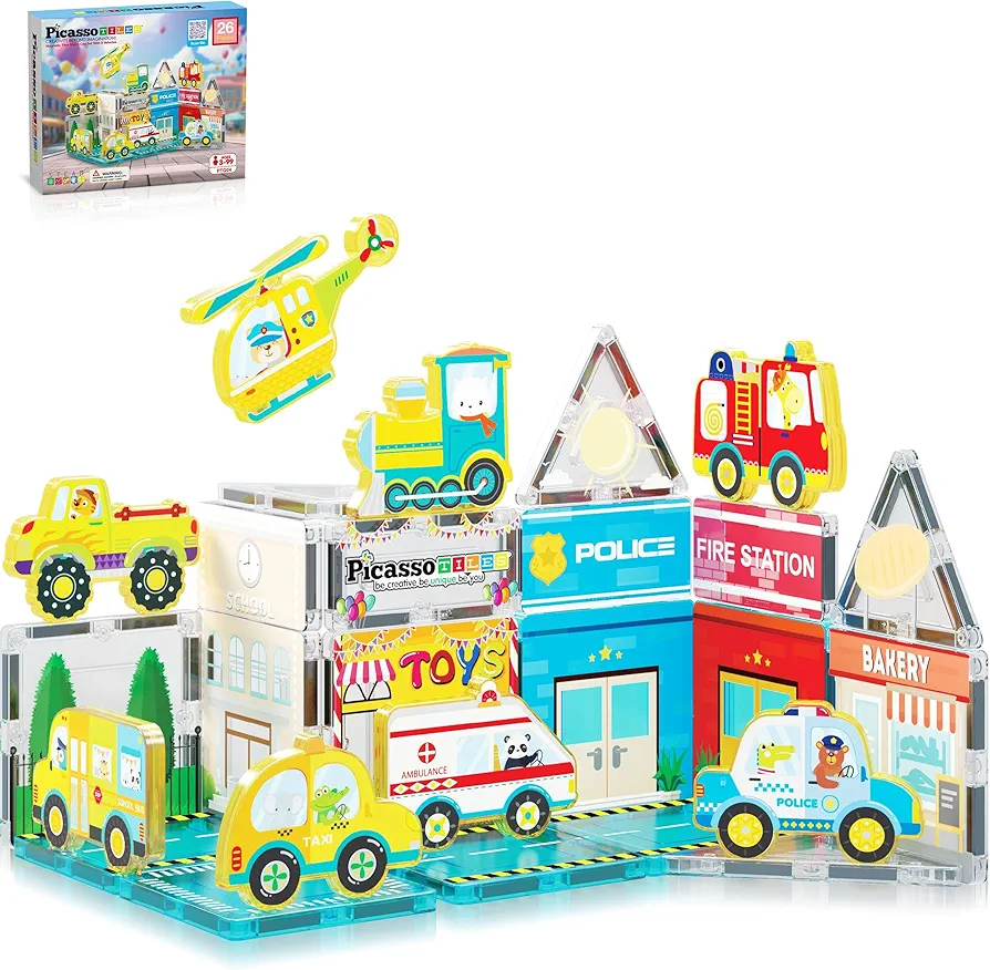 PicassoTiles Magnet Tile Building Blocks Metro City Themed Playset with 8 Character Action Figures Magnetic Tiles STEM Learning Early Education Toy Construction Set Toddlers Boys Girls Ages 3+ PTQ24