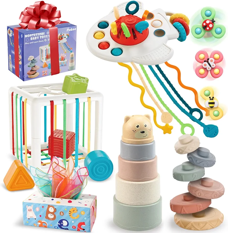 Baby Toys 6 to 12 Months, 6 in 1 Montessori Toys for 1 Year Old, Pull String Teething Toy, Stacking Cups & Rings, Shape Bin Sensory Toy, Tissue Box & Suction Cup Spinner Toy for Baby