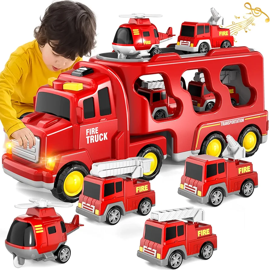 IHAHA Fire Truck Toys for 3 4 5 6 Years Old Boys Toddlers, 5 in 1 Kids Carrier Fire Trucks Cars for Toddler Boy Toys Birthday, Car Trucks Friction Power Toys with Light Sound