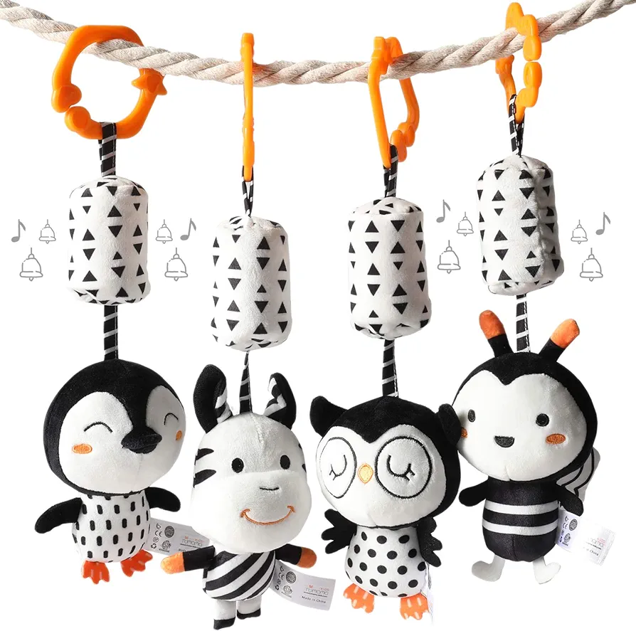 TUMAMA Black and White Baby Toys for 3 6 9 12 Months,Plush Hanging Rattles,Newborn Stroller Toys for Boys and Girls,4 Pack