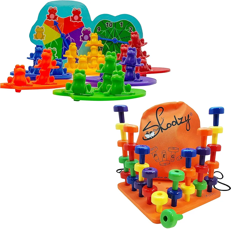 Skoolzy Fine Motor Skills Toys - Stacking Frogs and Peg Board Set - Educational Toys for Toddlers, Preschool Kids