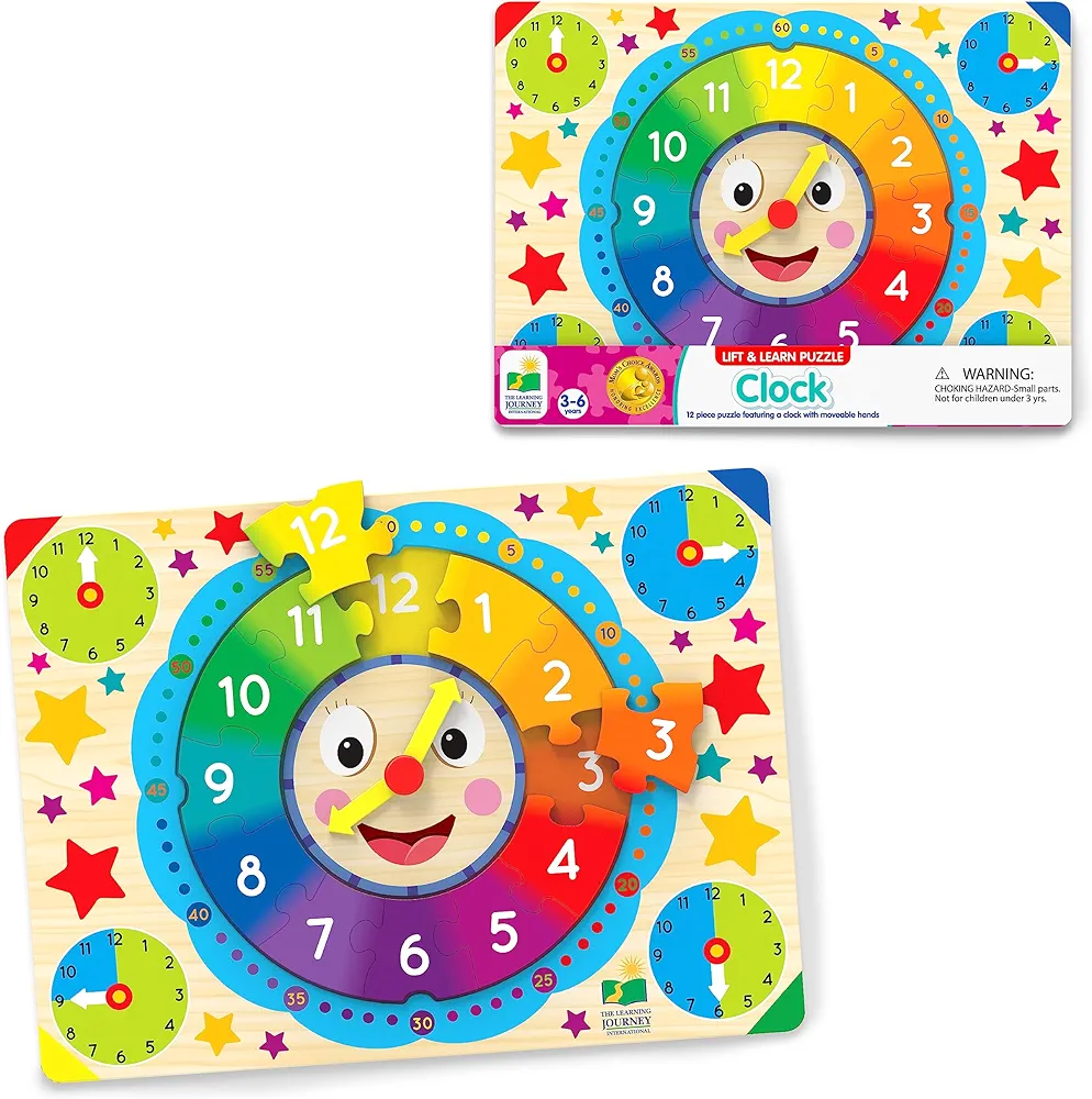 The Learning Journey: Lift & Learn Clock Puzzle - Lifted Clock Puzzles for Kids - Preschool Toys & Activities for Children Ages 3-6 Years (12 Pieces)