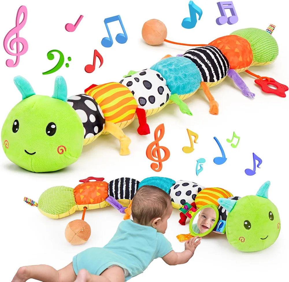 Baby Sensory Toy 0-6 Month Music Animal Stuffed Plush Caterpillar Toy for Infant 0-3-6 Month Tummy Time with Baby Mirror Crinkle Rattle for 6-12 Month Texture Toy for Boys Girls Newborn Birthday Gifts