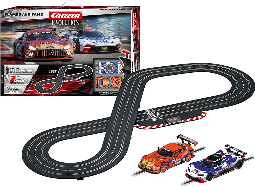 Carrera Evolution 20025245 Flames and Fame Analog Electric 1:32 Scale Slot Car Racing Track Set - Includes Two 1:32 Scale Cars & Two Dual-Speed Controllers Ages 8+