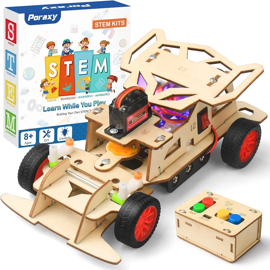 Poraxy STEM Kits for Kids age 8-10-12, Building Remote Control Car, Wooden Model Car Kits, Gifts for Boys 8-10, 3D Puzzles Science Educational Crafts, Toys for 8 9 10 11 12 13 Year Old Boys and Girls