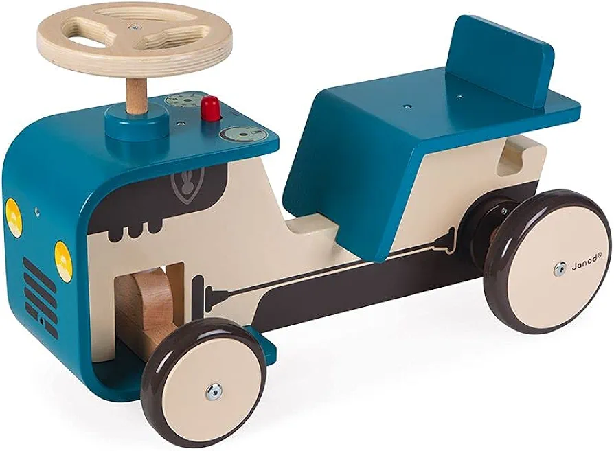 Janod Blue Wooden Ride-on Tractor - Ages 18 Months+ - J08053, Large