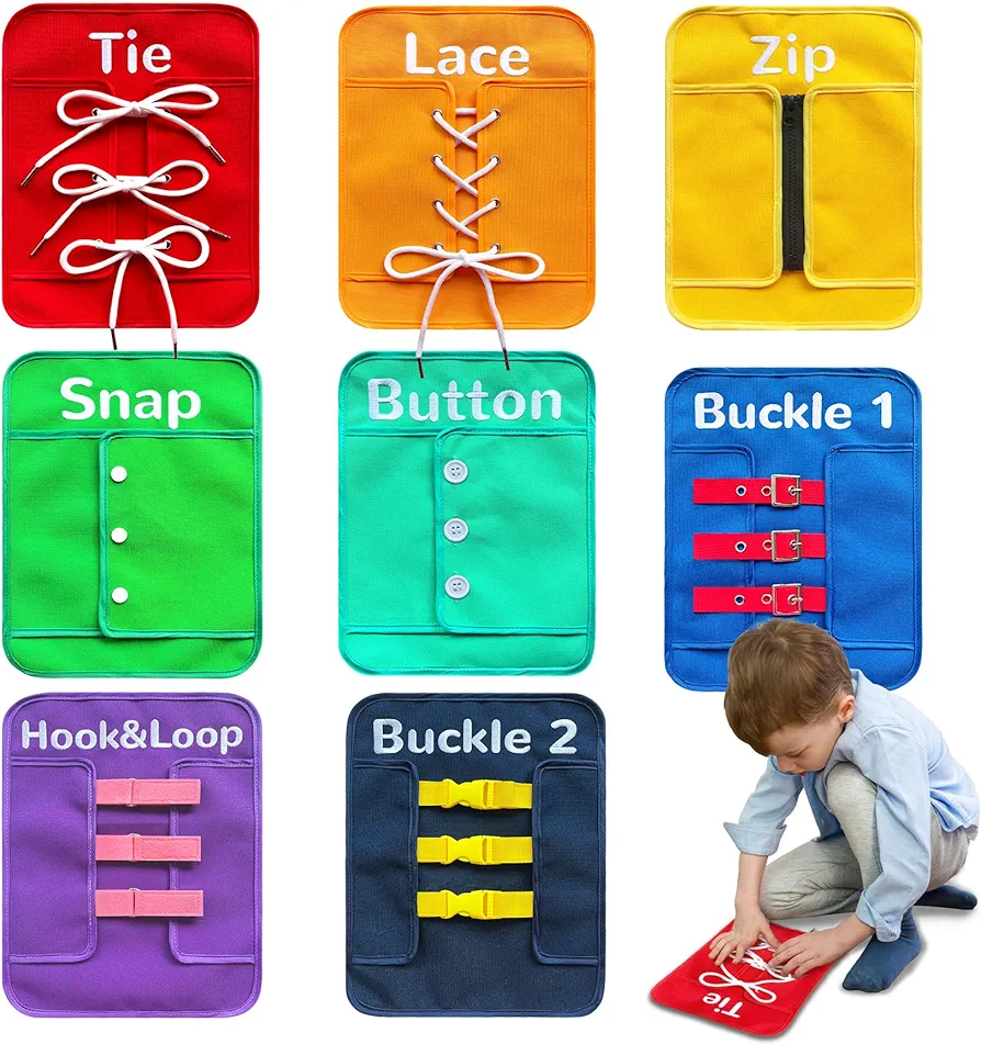 Fine Motor Skills Toys for Kids Basic-Life-Skills Learn to Dress Toddler Busy Board Includes Button, Buckle, Snap, Zip, Hoop & Loop, Lace and Tie Hand Eye Coordination for Preschool must haves