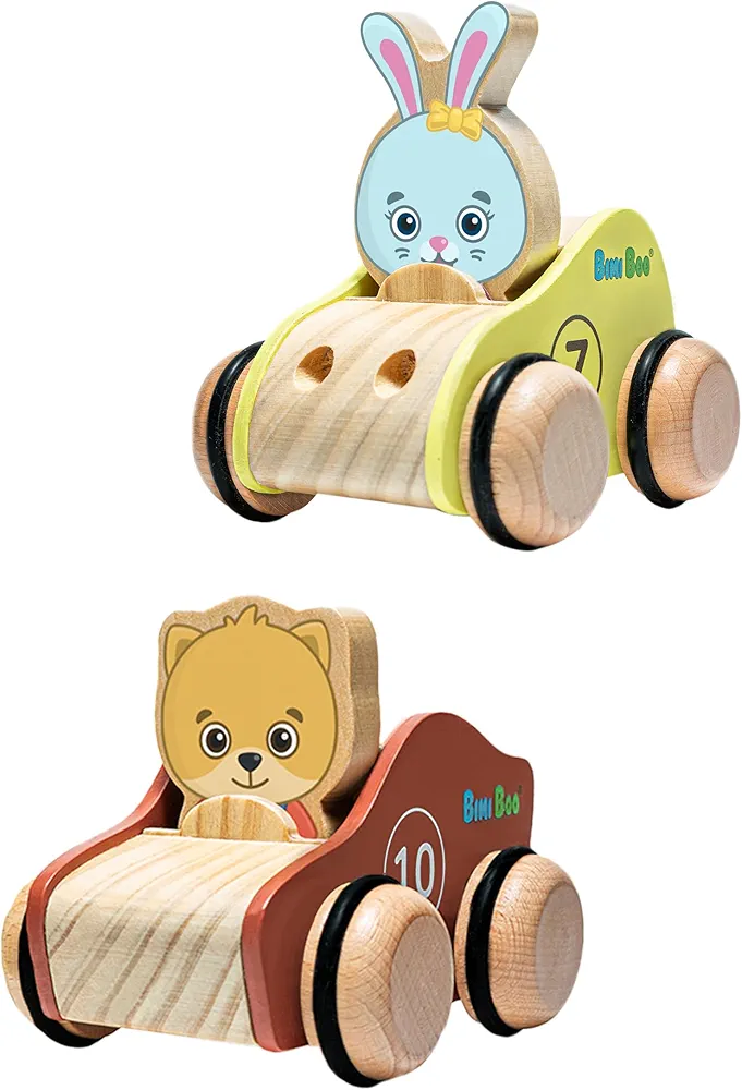 Bimi Boo Wooden Toy Cars for Toddlers - Two Piece Push and Go Cars Set for Kids with Playable Characters - Grasping Race Cars Montessori Toys - Ideal Gifts for Boys and Girls 1+ Year Old