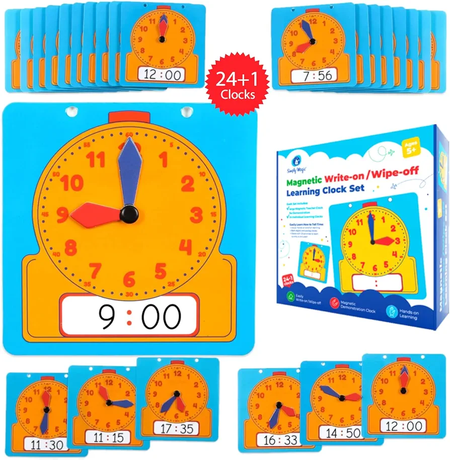 Simply magic 24+1 Learning Clock for Kids - Classroom Clock Set, Magnetic Demonstration Clock, Teaching Clock, Learning Clocks for Kids to Tell Time, Interactive Clock for Kids, Clock Manipulatives