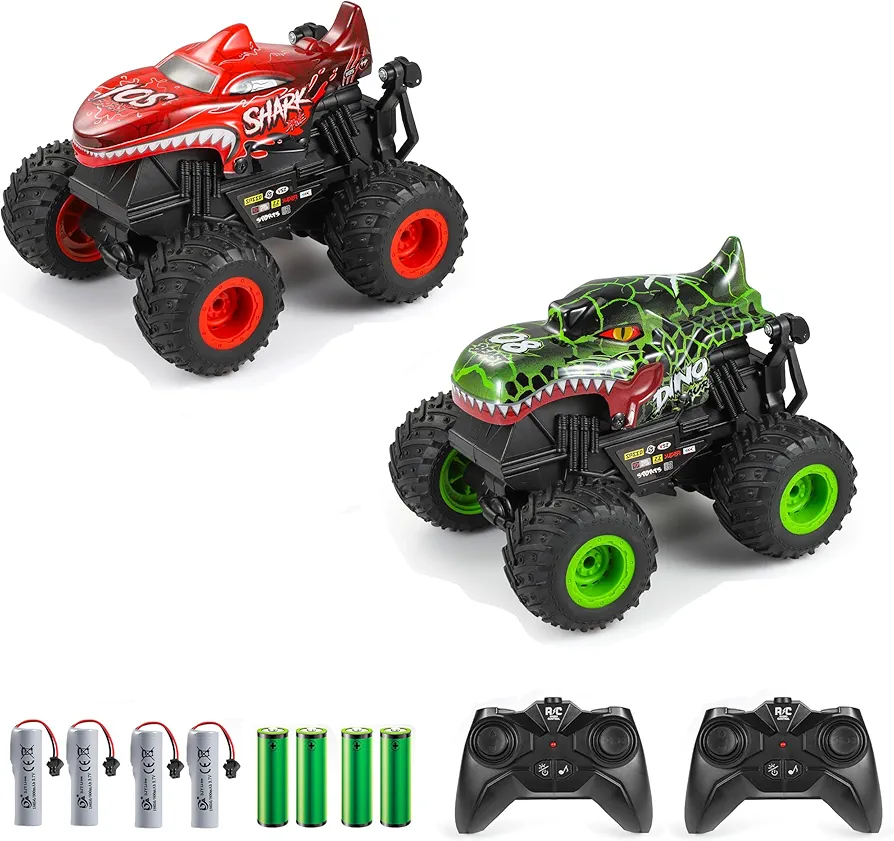 2 Pack RC Monster Truck, All Terrain RC Shark Car and RC Dinosaur Truck with Light&Music&360°Stunt, 2 Rechargeable Batteries, Toy Gifts for Boys and Girls