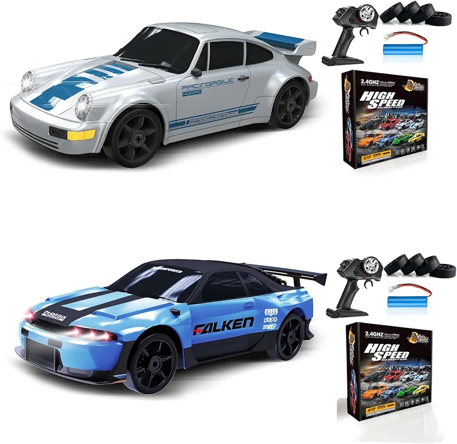 2PCS RC Drift Car 1:24 Remote Control Car 4WD 15KM/H High Speed Racing Sport Car with LED Lights RC Cars Toy Cars for Kids Boys Girls Adults Gifts Birthday Christmas Rechargeable Batteries