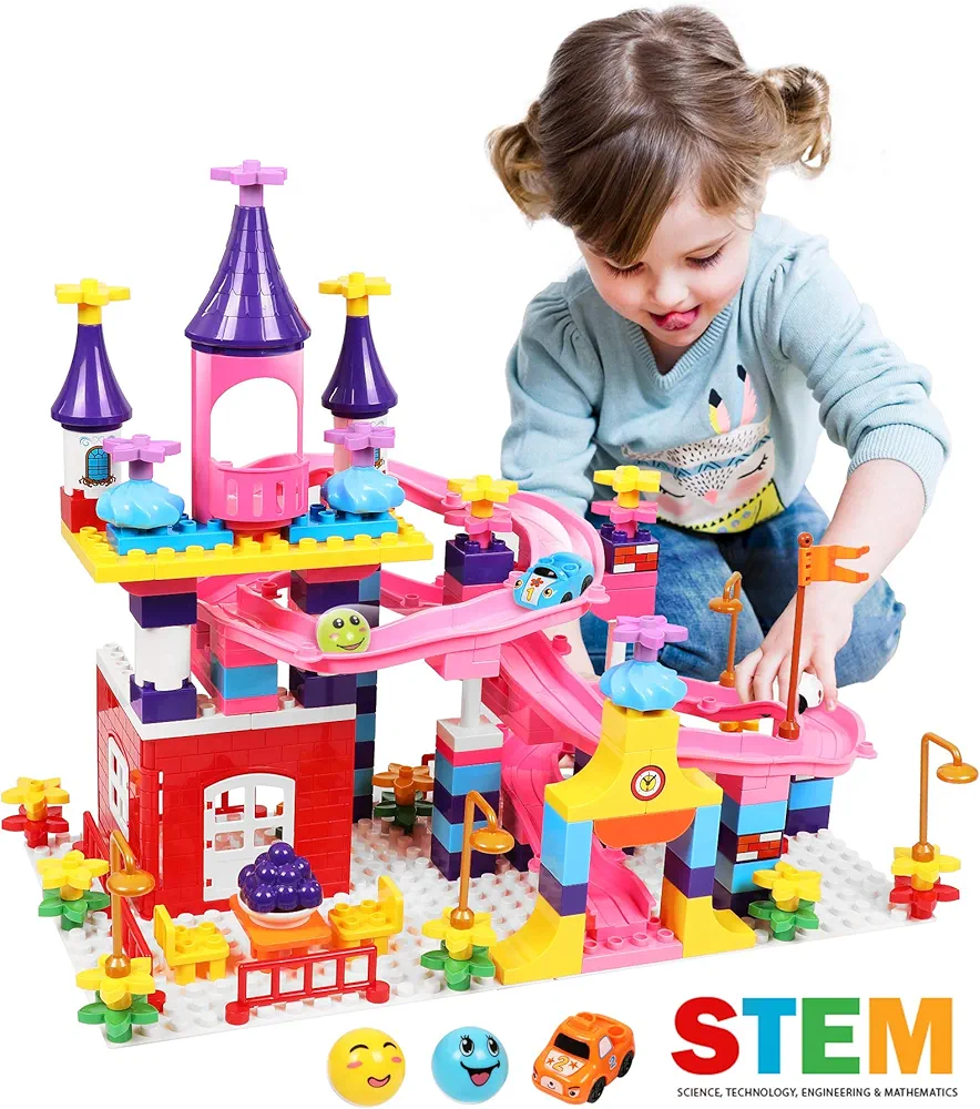 Marble Run Toy Building Sets, 161Pcs Castle Building Duplos for Age 3+, Marbles Track Building Toys, Large Building Bricks Race Track STEM Educational Toys for Toddler Boy Girl Birthday Toys Gifts