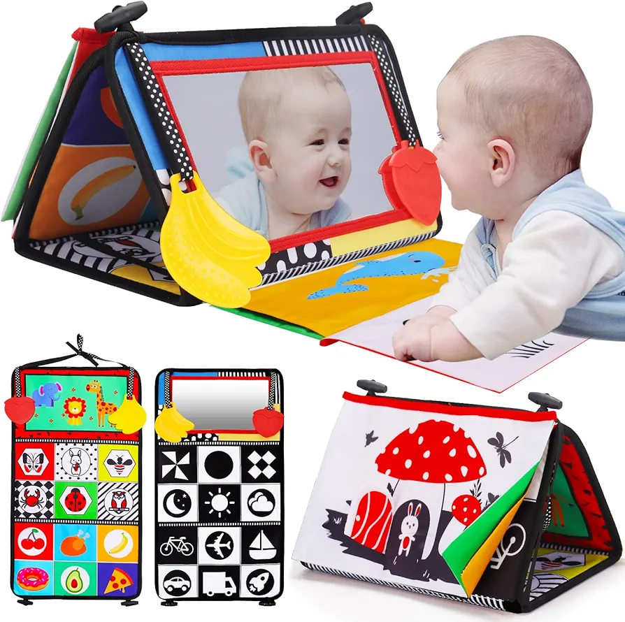 Tummy Time Baby Mirror Infant Toys Newborn Toys 0 3 Months Brain Development with Crinkle Cloth Book and Teether Black and White High Contrast Baby Toys 4 6 9 12 Month Boys Girls Crawling Sensory Toy