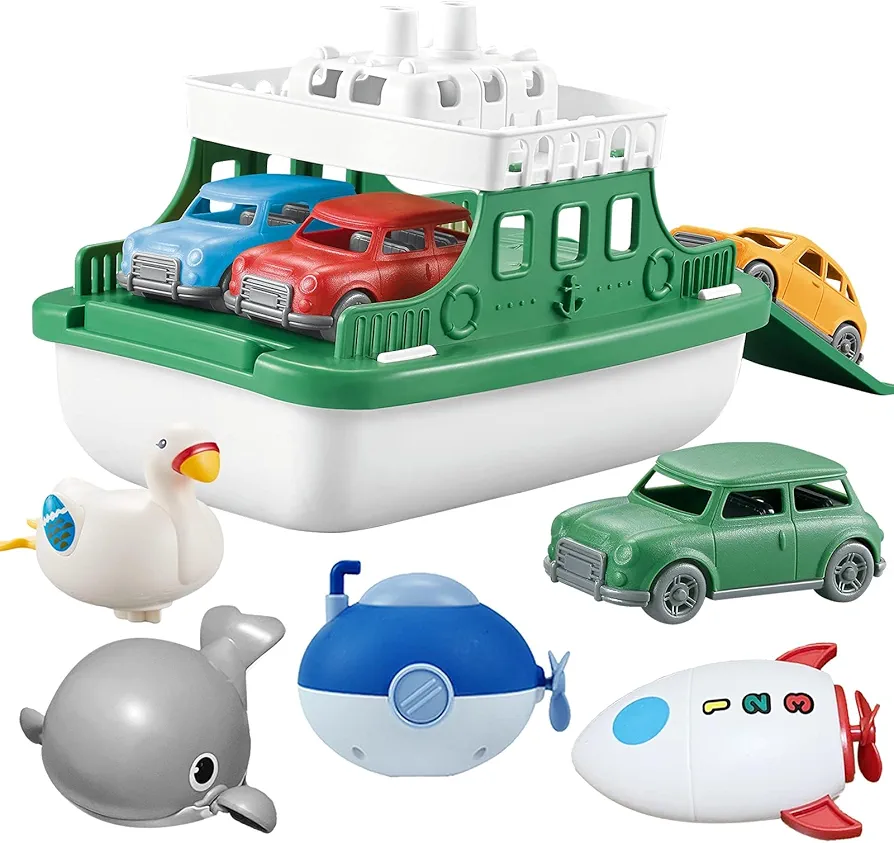 Ferry Boat with 4 Car and 4 Wind Up Bath Swimming Toys, Kids Bath Toy Floating Vehicle Whales Submarines Swans Rockets, Bathtub Bathroom Pool Beach Toy Set for Toddlers Boys Girls