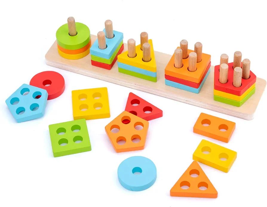 WOOD CITY Wooden Sorting & Stacking Toy, Shape Sorter Toys for Toddlers, Montessori Color Recognition Stacker, Early Educational Block Puzzles for Kids 1 2 3 Years Old Boys and Girls (5 Shapes)