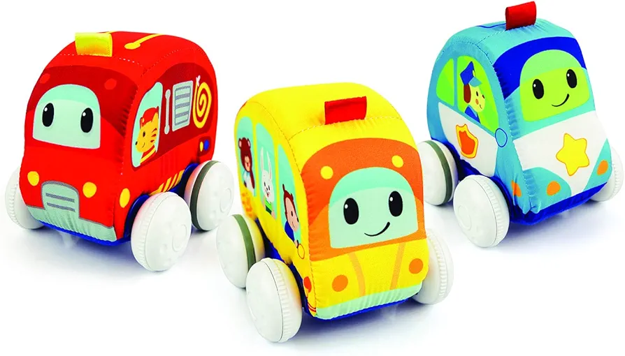 Pull Back Toy Cars – Soft Plush Toddler Car Toys, includes: Fire Truck, Police Car & School Bus - Machine Washable 6 Months Baby Toys (Set of 3)