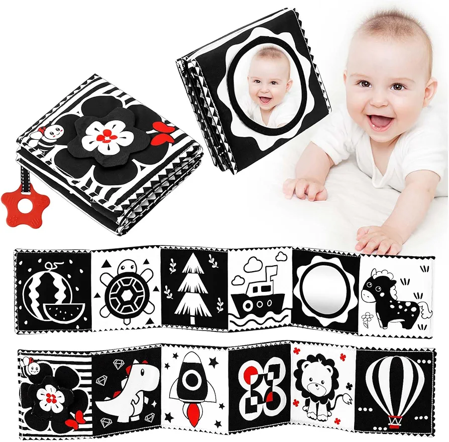 Black and White High Contrast Baby Toys 0-3 3-6 Months, Infant Tummy Time Mirror Toys Crib Cloth Book for Newborn, Montessori Sensory Toys with Crinkle Toys and Teether