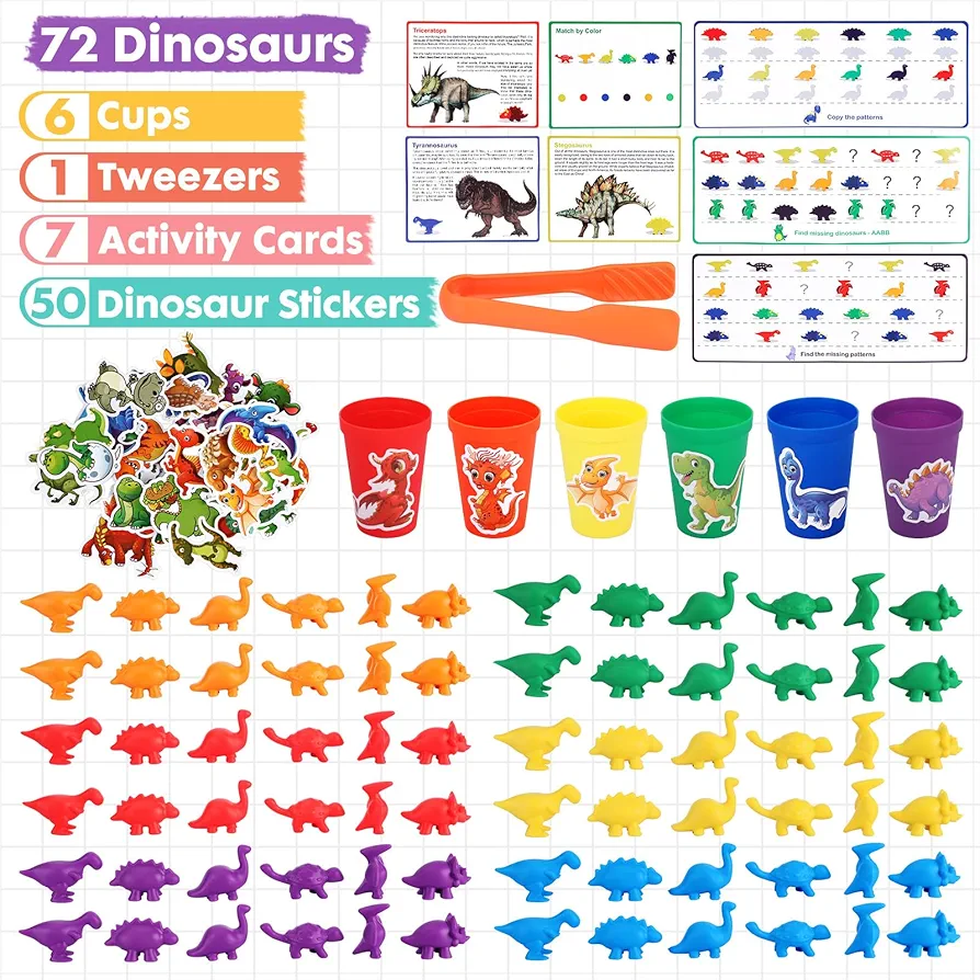 AIM - Dinosaur Counting Sensory Toy Set! This STEM Kit Comes Packed with 72 Colored and Textured Dinosaurs, 6 Sorting Cups, 7 Activity Cards, Plus 50 Stickers!