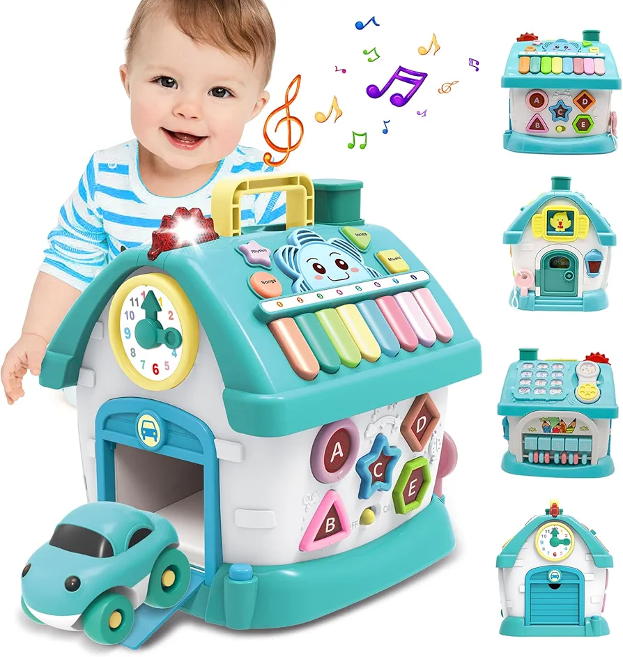 Baby Toys,Functional House for Baby 6 to 12-18 Months - Montessori Toys for 1 2 3 Year Old,Toys with Sound/Lights/Music/Clock/Telephone/Car,Smart Learning Home (Blue)