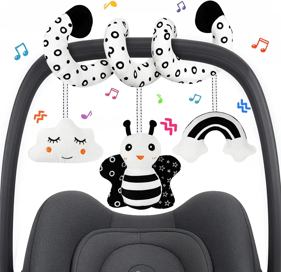 Car Seat Toys for Babies 0-6 Months, Hanging Rattle Toys for Crib Mobile, Baby Spiral Hanging Stroller Black and White High Contrast Baby Toys for Newborn 0 3 6 9 12 Months Baby Boys Girls-BEE