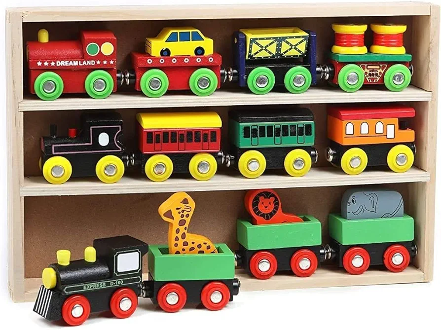 Magnetic Wooden Engine Train Cars 12 Piece Train Tracks Accessories Set - includes Engine Cars, Road Car, and Zoo Train for Toddler Kids, Boys and Girls Compatible with All Major Brands