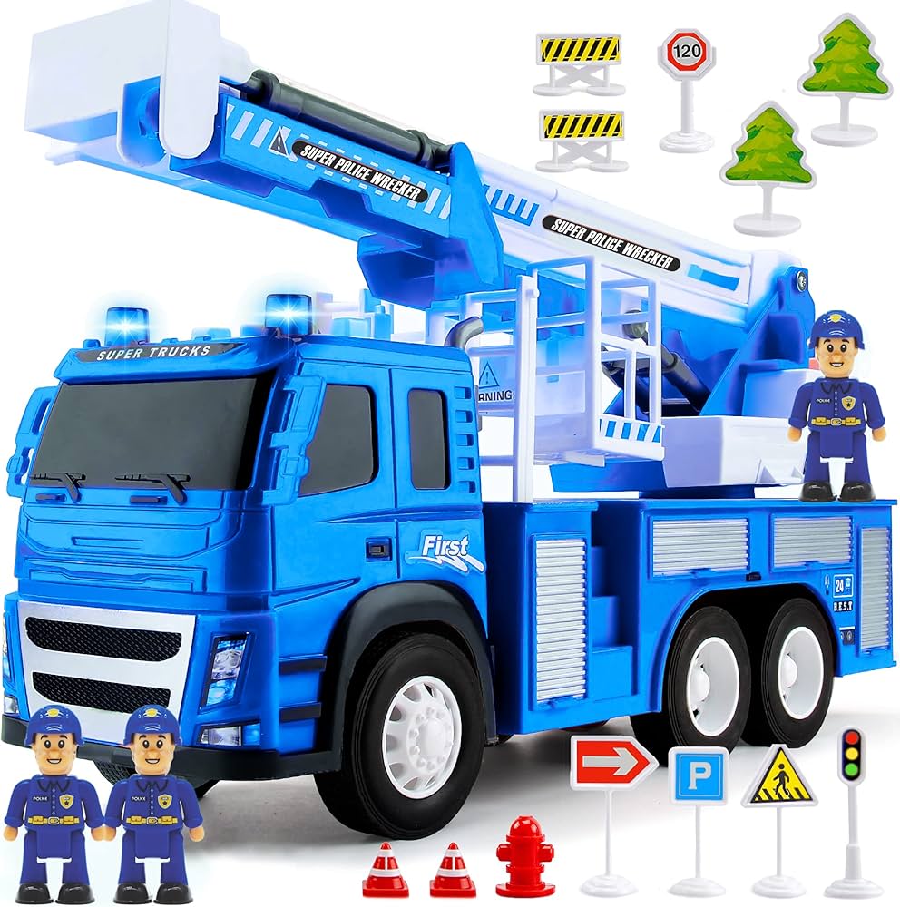 Police Truck Toy - 1:12 Scale Push and Go Realistic Vehicle Playset, 3 Law Enforcement Fire Trucks Action Figure, Extendable Ladder, Accessories w/ Lights Sounds for Kids 3 4 5 6 7 8 Year Old, Blue