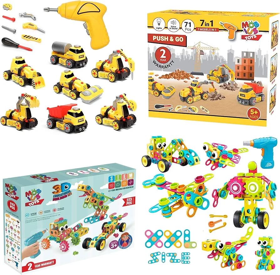 7 in 1 Take Apart Truck Construction Set and 223 PCS STEM Educational Construction Set with Drill, Creative Engineering Toy – Building Blocks, Car Wheels and Cogs Learning Set for Boys & Girls 4 5 6+