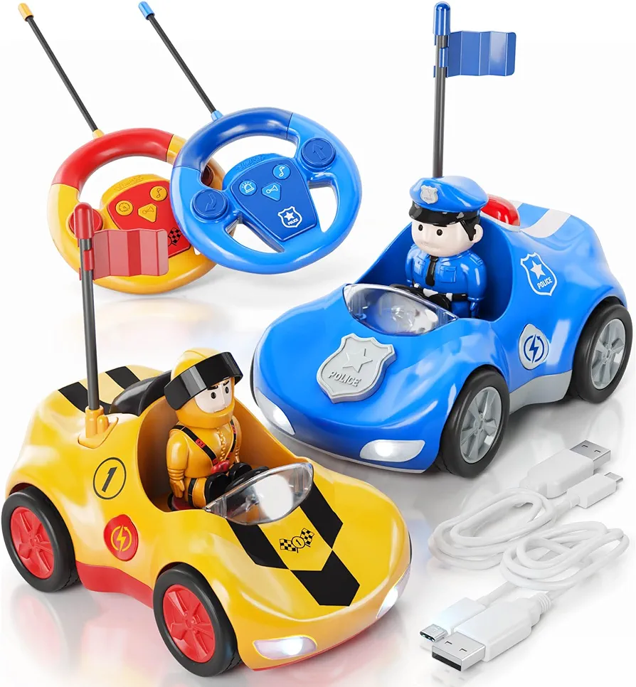 Rechargeable Remote Control Cartoon Cars for Little Kids, 2 Pack Police & Race RC Car - Toys for 3 4 5 6 Year Old Boy - Easter Gifts for Boys Ages 3-6, Birthday Toy Gift Ideas for Toddler