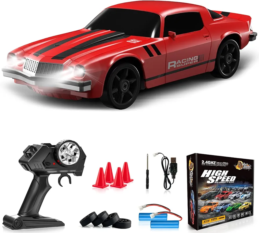 Remote Control Car RC Drift Car 2.4GHz 1:24 4WD 15KM/H High Speed Racing Sport Car with LED Lights Drifting Tire Racing Sport Toy for Adults Boys Girls Kids Gift 2Pcs Rechargeable Batteries