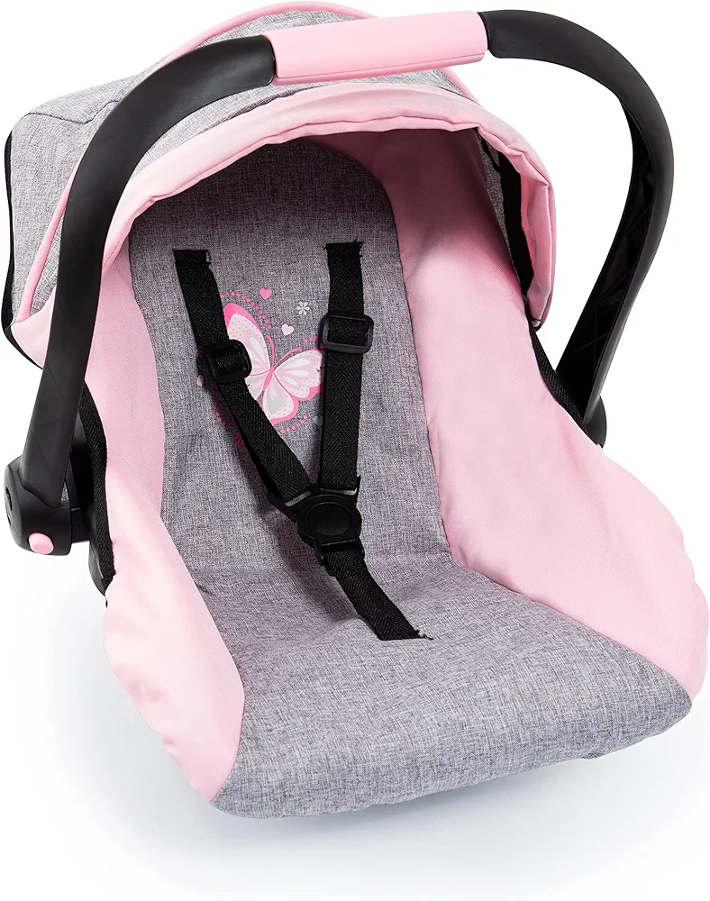 Bayer Design 67933AA Toy, Car Seat Easy Go for Neo Vario Pram with Cover, Doll Accessories, Pink, Grey with Butterfly,Grey/pink, for dolls up to 18"