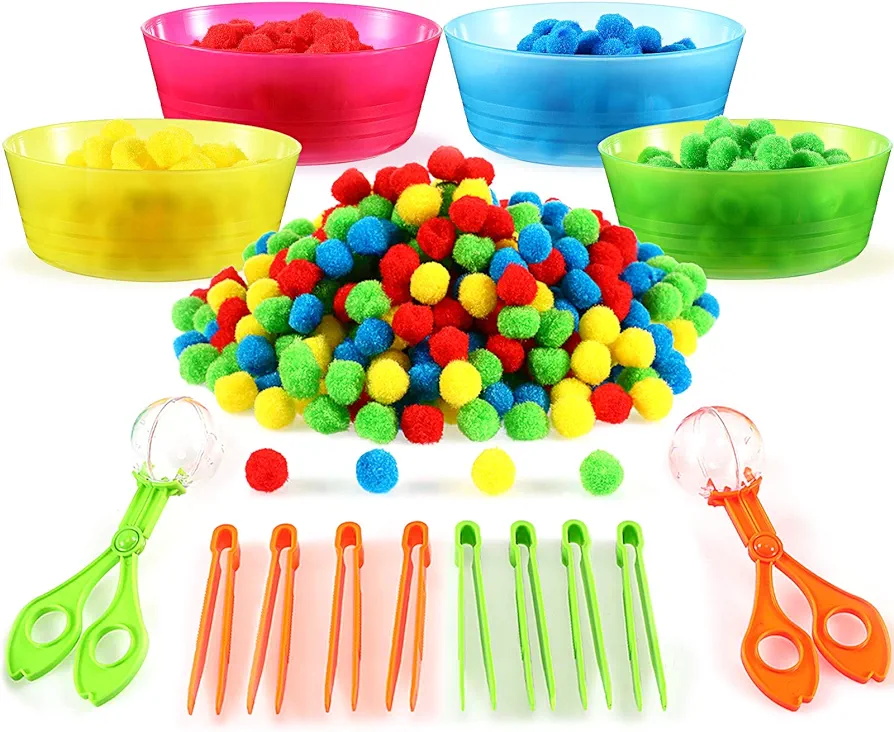 138 Pieces Fine Motor Skills Toys for Early Education and Sorting Counting Training Development, for Ages Over 3 Including 8 Sorting Bowls 2 Scissors Clip 8 Tweezers and 120 Colorful Plush Balls