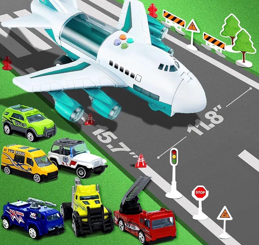 Car Toys Set, Airplane Toys, Educational City Cars for 3 4 5 6 7 Year Old Boys Kids Girls, Birthday Choice for Boys Toddlers, Large Airplane with Songs, 6 Cars, 11 Road Signs