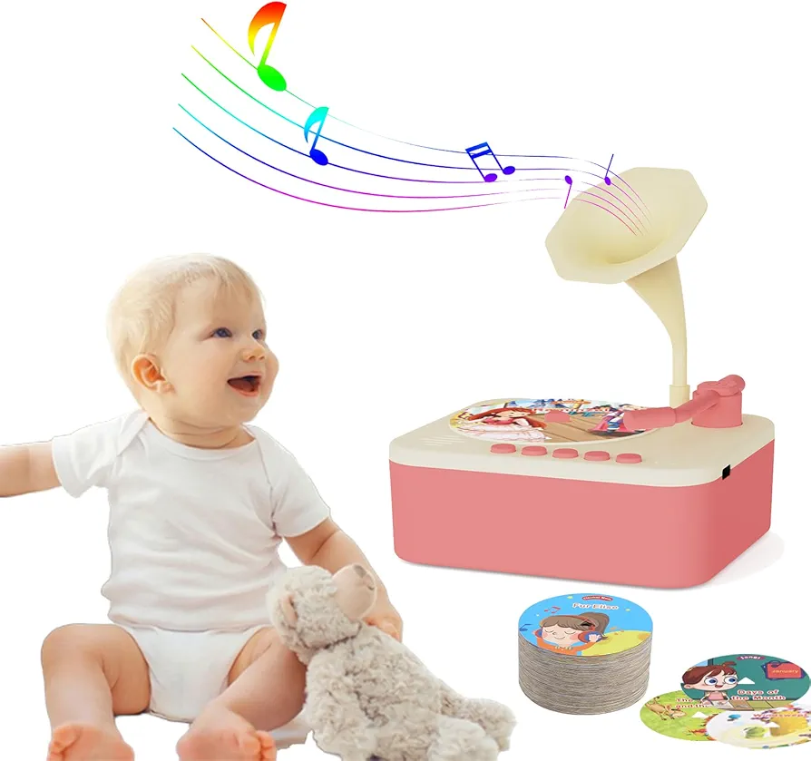 Retysaz Kids Phonograph with 96 Cards, story music player kids 3-6 Musical Sensory Toy boy girl,toddler audio Pre-Kindergarten toy Early Childhood Education Gift birthday （Pink）…